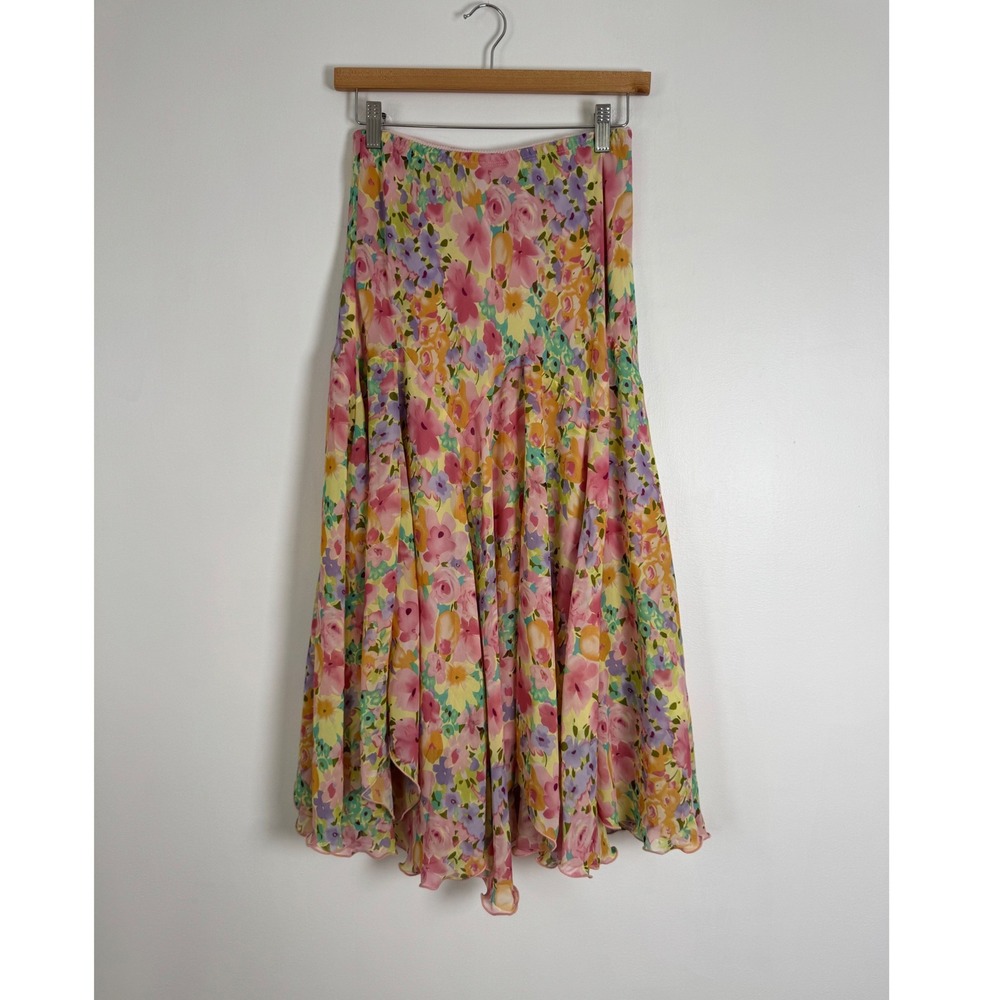 Cottagecore Newsworthy Womens Small Midi Skirt Pink Yellow Floral Lettuce Hem
